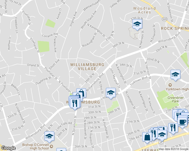 map of restaurants, bars, coffee shops, grocery stores, and more near 6110 35th Street North in Arlington