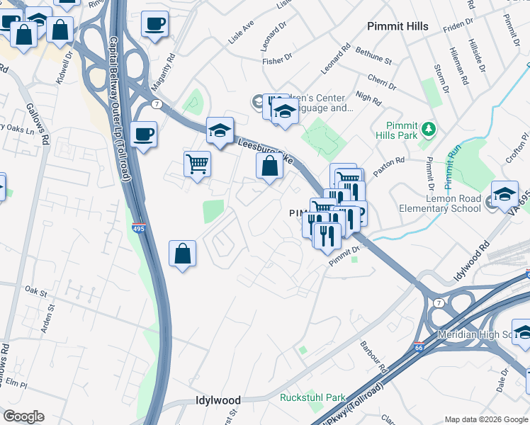 map of restaurants, bars, coffee shops, grocery stores, and more near 2121 Kings Garden Way in Falls Church