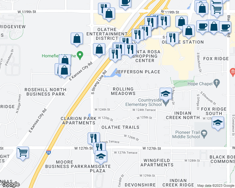 map of restaurants, bars, coffee shops, grocery stores, and more near 16413 West 123rd Street in Olathe