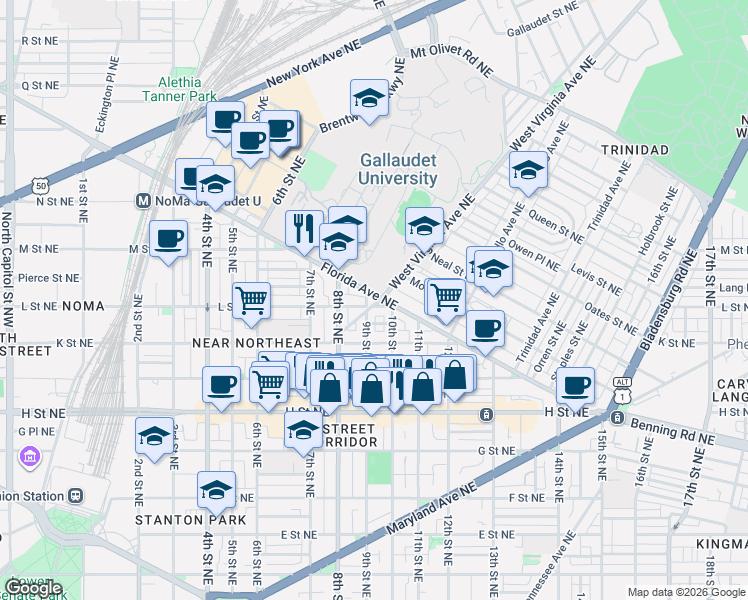 map of restaurants, bars, coffee shops, grocery stores, and more near 919 Florida Avenue Northeast in Washington