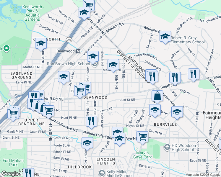 map of restaurants, bars, coffee shops, grocery stores, and more near 1023 49th Place Northeast in Washington