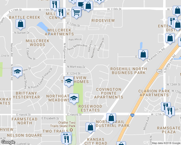 map of restaurants, bars, coffee shops, grocery stores, and more near 1366 North Mart-way Drive in Olathe