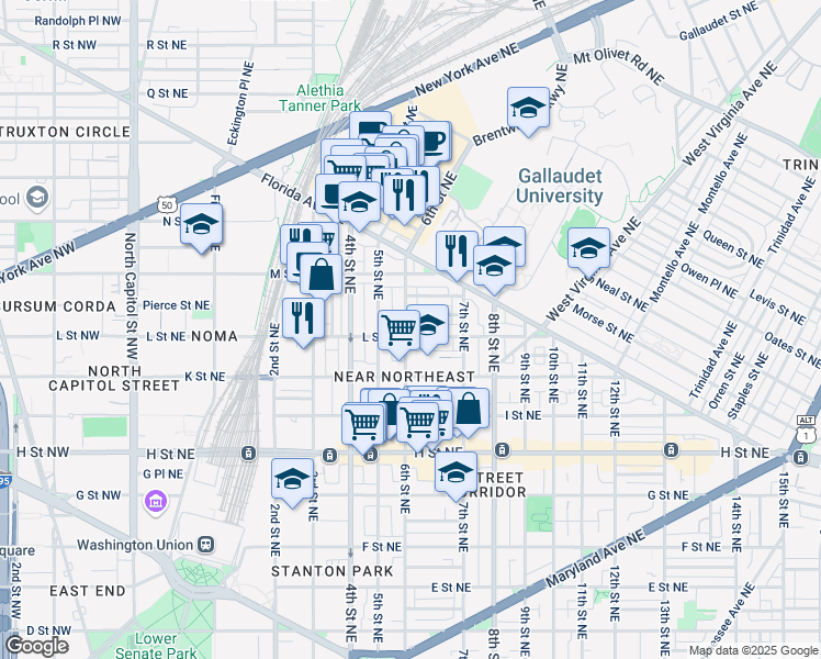 map of restaurants, bars, coffee shops, grocery stores, and more near 1105 6th Street Northeast in Washington
