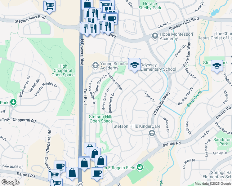 map of restaurants, bars, coffee shops, grocery stores, and more near 4885 Bittercreek Dr in Colorado Springs