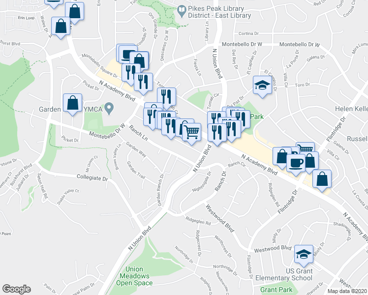 map of restaurants, bars, coffee shops, grocery stores, and more near 5110 Academy Boulevard North in Colorado Springs