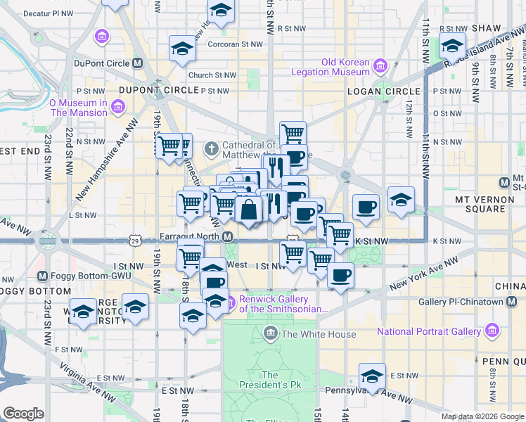 map of restaurants, bars, coffee shops, grocery stores, and more near 1100 16th Street Northwest in Washington