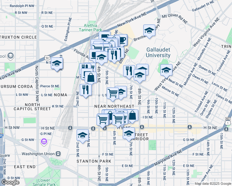 map of restaurants, bars, coffee shops, grocery stores, and more near 1105 6th Street Northeast in Washington