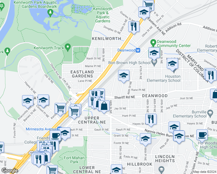 map of restaurants, bars, coffee shops, grocery stores, and more near 4425 Minnesota Avenue Northeast in Washington