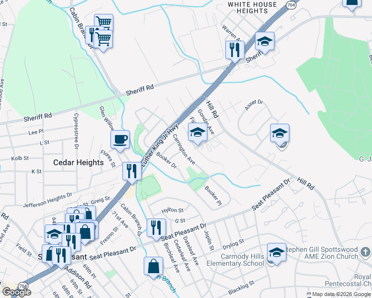 map of restaurants, bars, coffee shops, grocery stores, and more near 1107 Carrington Avenue in Capitol Heights