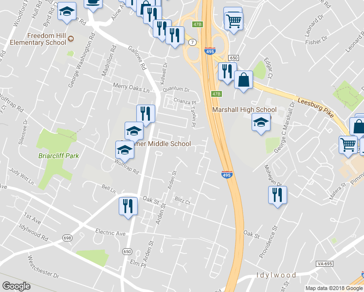 map of restaurants, bars, coffee shops, grocery stores, and more near 2109 Patty Lane in Vienna