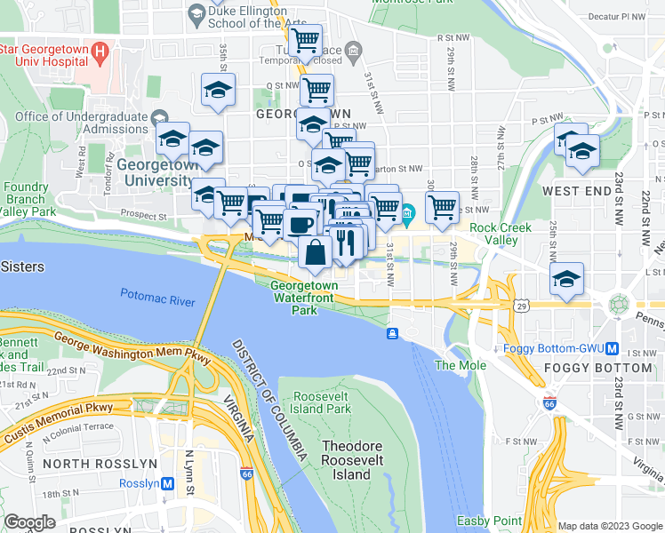 map of restaurants, bars, coffee shops, grocery stores, and more near Grace St NW & Cecil Pl NW in Washington