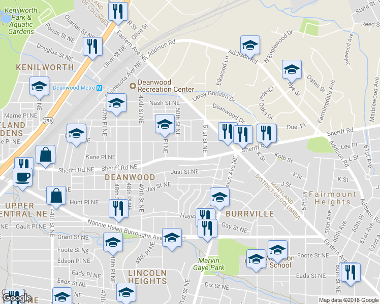 map of restaurants, bars, coffee shops, grocery stores, and more near 5028 Sheriff Rd NE in Washington