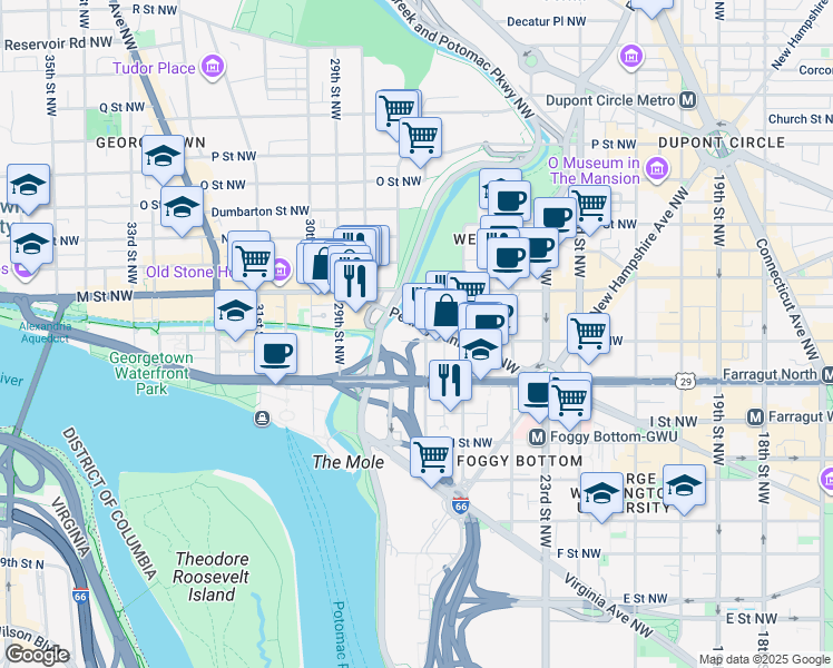 map of restaurants, bars, coffee shops, grocery stores, and more near 2600 Pennsylvania Avenue Northwest in Washington