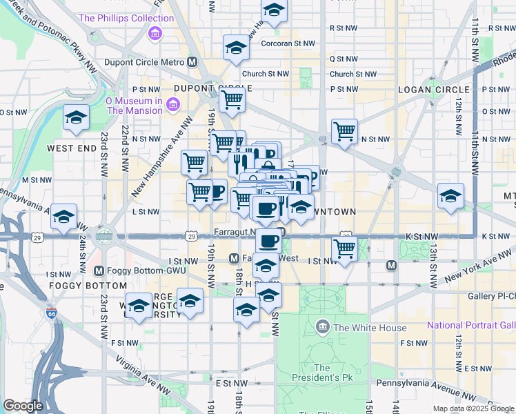 map of restaurants, bars, coffee shops, grocery stores, and more near 1100 Connecticut Avenue Northwest in Washington