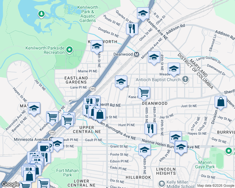 map of restaurants, bars, coffee shops, grocery stores, and more near 1030 45th St NE in Washington