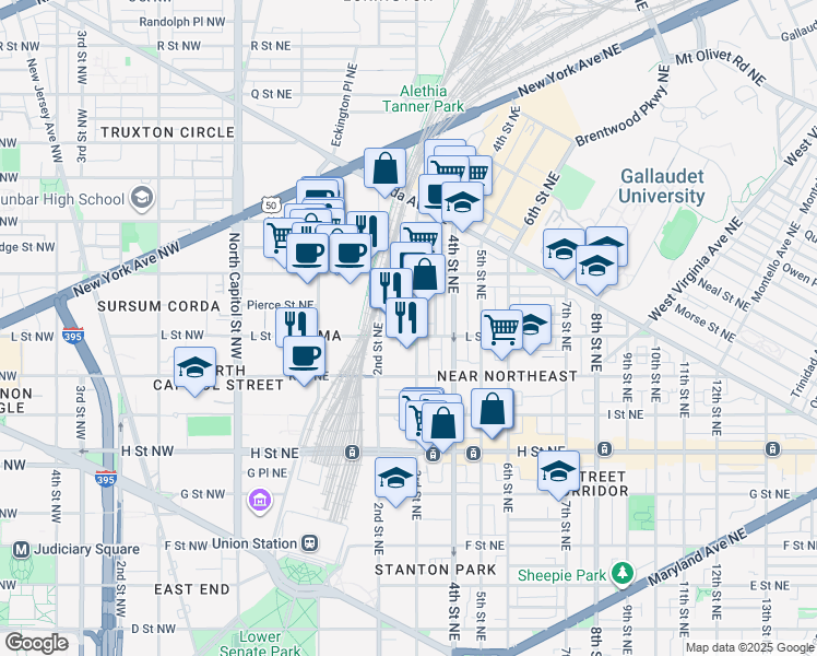 map of restaurants, bars, coffee shops, grocery stores, and more near 1104 3rd Street Northeast in Washington