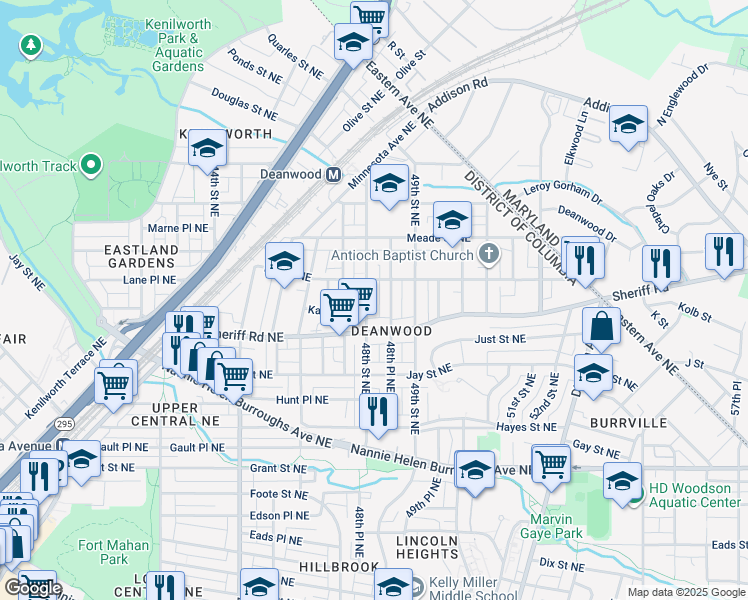 map of restaurants, bars, coffee shops, grocery stores, and more near 1029 48th Street Northeast in Washington
