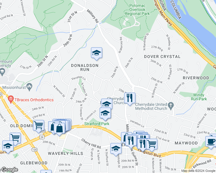 map of restaurants, bars, coffee shops, grocery stores, and more near 2321 North Richmond Street in Arlington