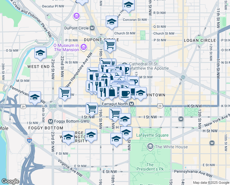 map of restaurants, bars, coffee shops, grocery stores, and more near 1120 Connecticut Avenue Northwest in Washington