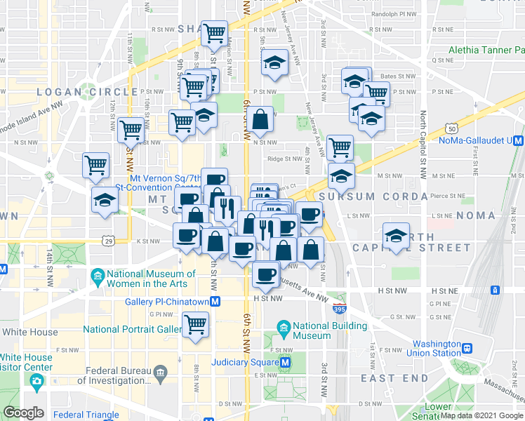 map of restaurants, bars, coffee shops, grocery stores, and more near New York Avenue Northwest & 5th Street Northwest in Washington