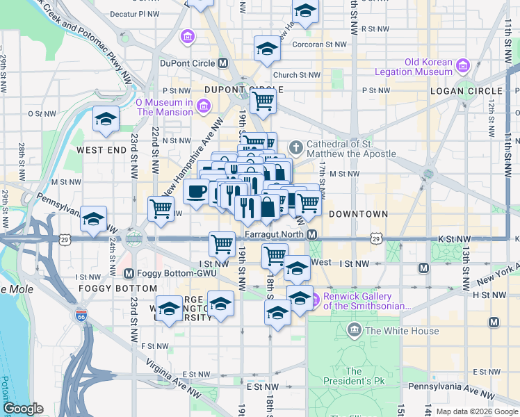 map of restaurants, bars, coffee shops, grocery stores, and more near 1819 L Street Northwest in Washington