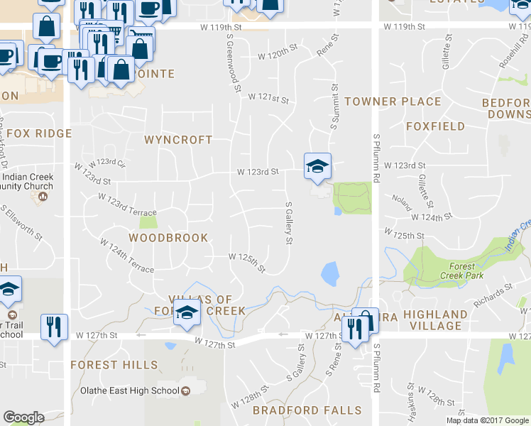 map of restaurants, bars, coffee shops, grocery stores, and more near 14221 West 124th Street in Olathe