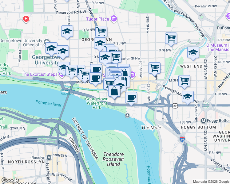 map of restaurants, bars, coffee shops, grocery stores, and more near in Washington
