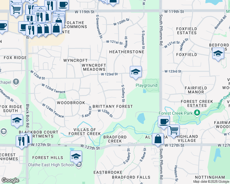 map of restaurants, bars, coffee shops, grocery stores, and more near 14221 West 124th Street in Olathe
