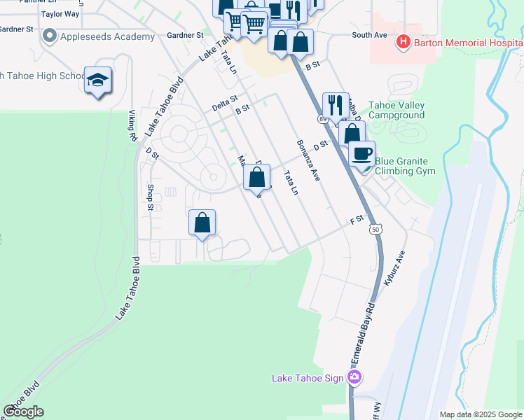map of restaurants, bars, coffee shops, grocery stores, and more near 1209 Julie Lane in South Lake Tahoe