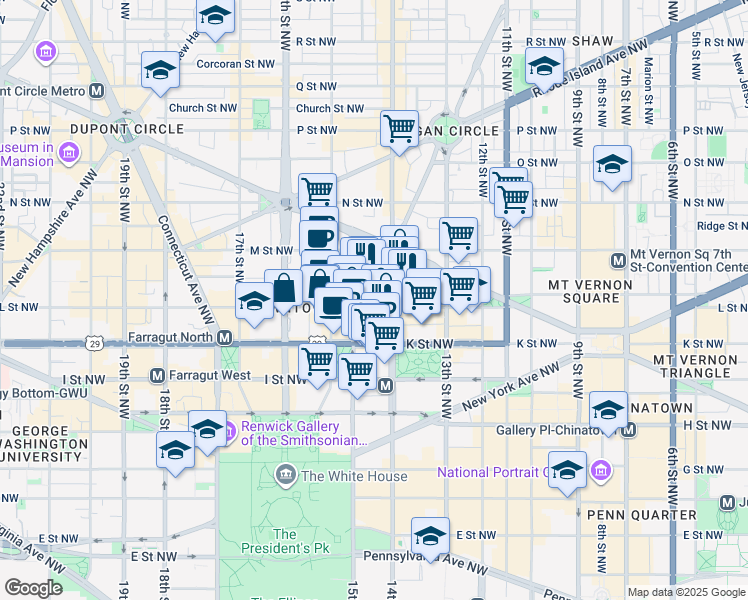 map of restaurants, bars, coffee shops, grocery stores, and more near 1101 Vermont Avenue Northwest in Washington