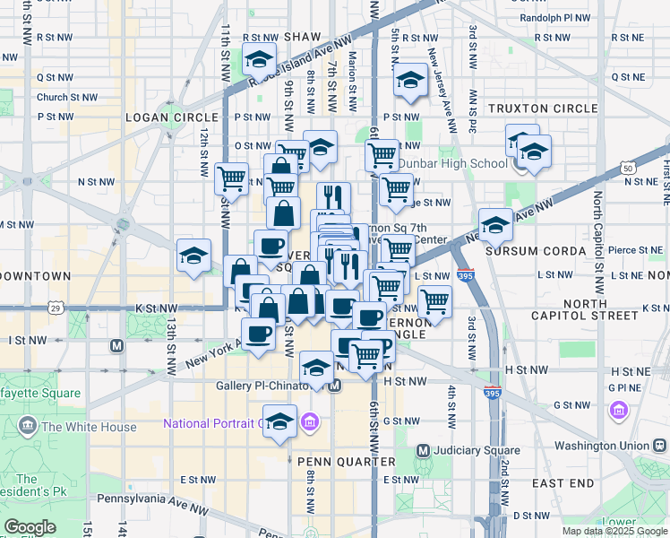 map of restaurants, bars, coffee shops, grocery stores, and more near 1033 7th Street Northwest in Washington