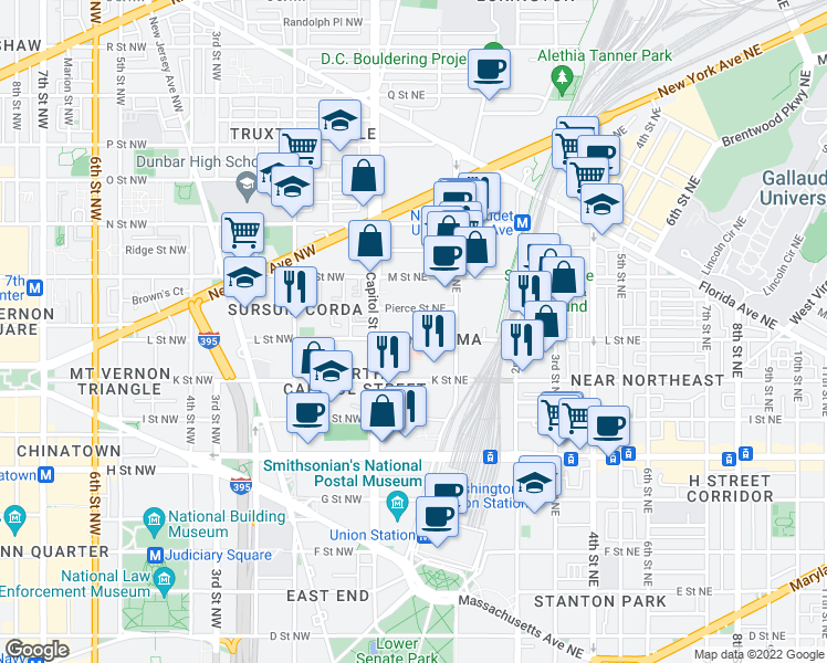 map of restaurants, bars, coffee shops, grocery stores, and more near 101 Independence Avenue Southeast in Washington