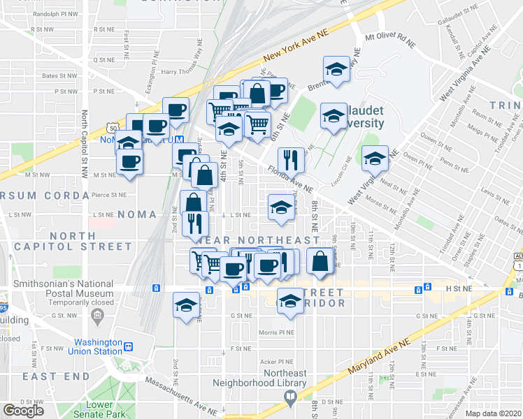 map of restaurants, bars, coffee shops, grocery stores, and more near 1107 6th Street Northeast in Washington