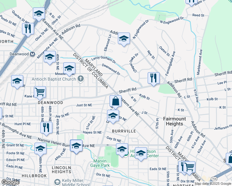 map of restaurants, bars, coffee shops, grocery stores, and more near Eastern Ave NE & Sheriff Rd in Washington