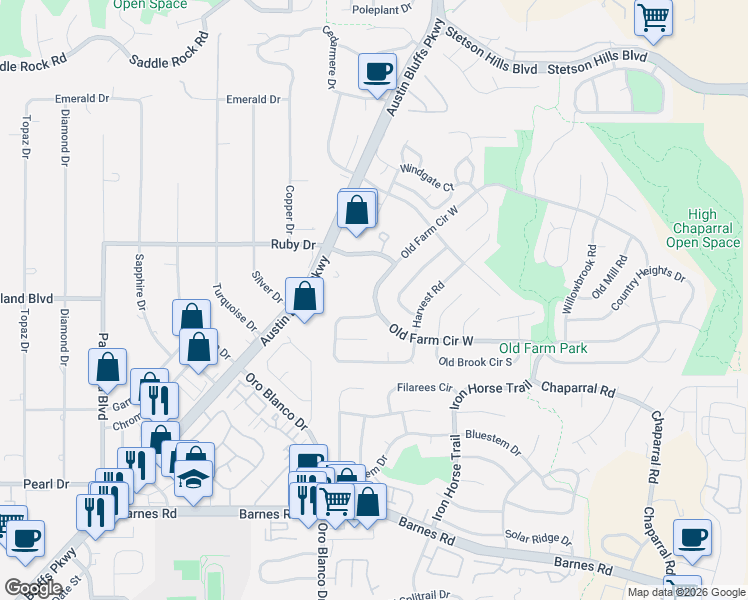 map of restaurants, bars, coffee shops, grocery stores, and more near 4870 Old Farm Circle West in Colorado Springs