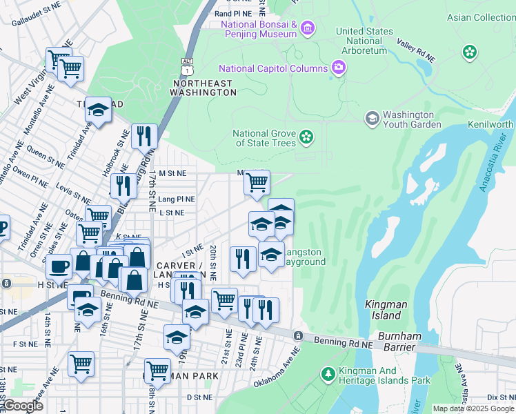 map of restaurants, bars, coffee shops, grocery stores, and more near 101 Independence Avenue Southeast in Washington