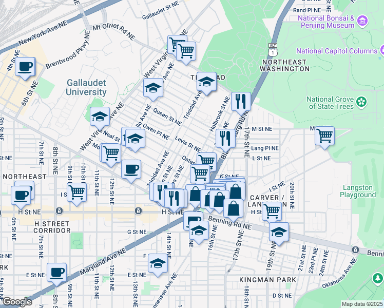 map of restaurants, bars, coffee shops, grocery stores, and more near 1413 Staples Street Northeast in Washington