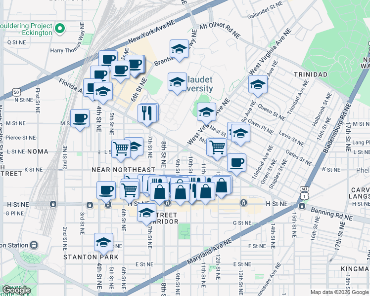 map of restaurants, bars, coffee shops, grocery stores, and more near Florida Ave NE & West Virginia Ave NE in Washington