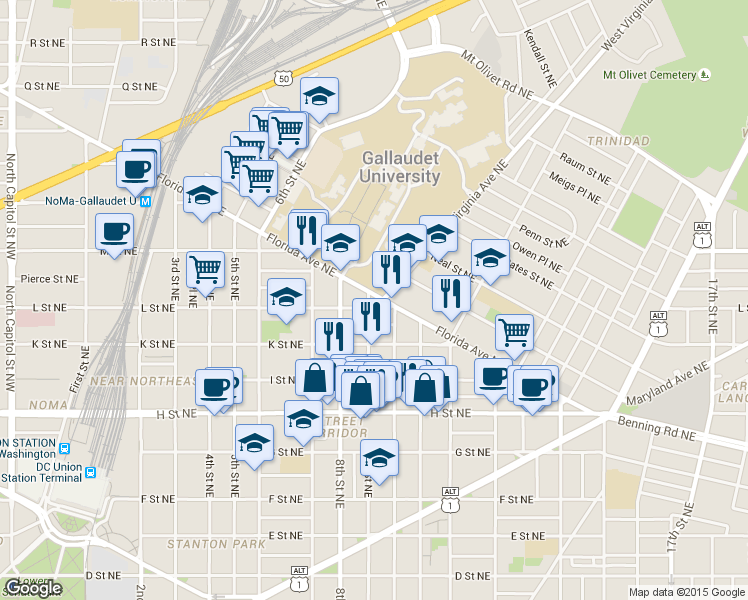 map of restaurants, bars, coffee shops, grocery stores, and more near 101 Independence Avenue Southeast in Washington
