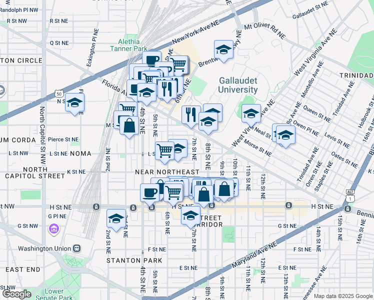 map of restaurants, bars, coffee shops, grocery stores, and more near 101 Independence Avenue Southeast in Washington
