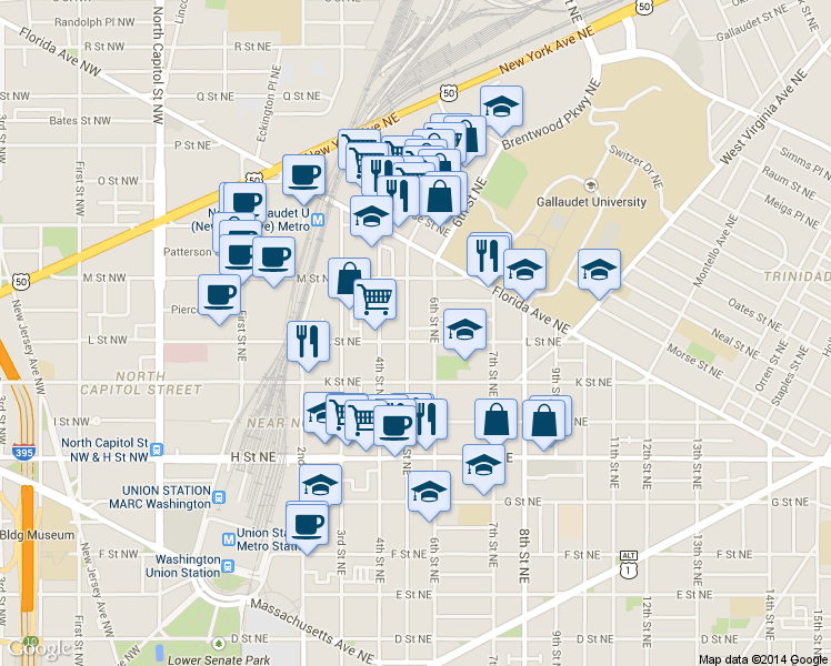 map of restaurants, bars, coffee shops, grocery stores, and more near 101 Independence Avenue Southeast in Washington