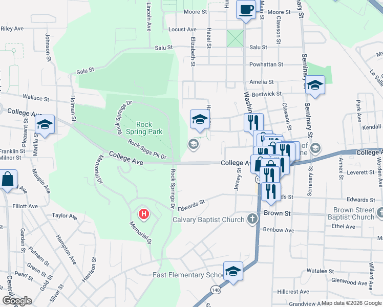 map of restaurants, bars, coffee shops, grocery stores, and more near 2200 College Ave in Alton