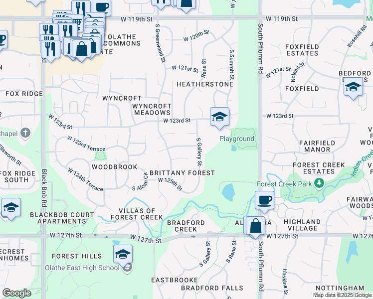map of restaurants, bars, coffee shops, grocery stores, and more near 14221 West 124th Street in Olathe