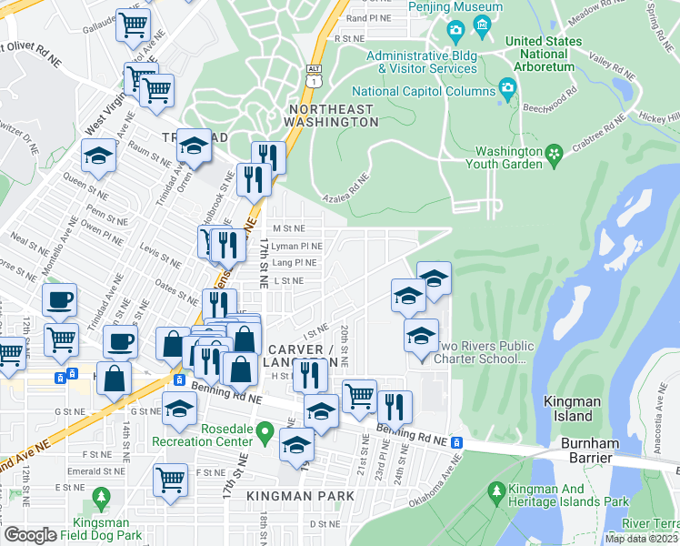 map of restaurants, bars, coffee shops, grocery stores, and more near 2008 Maryland Avenue Northeast in Washington