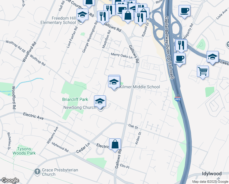 map of restaurants, bars, coffee shops, grocery stores, and more near 8102 Wolftrap Road in Vienna