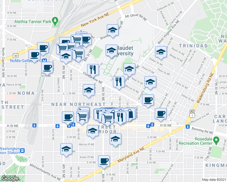 map of restaurants, bars, coffee shops, grocery stores, and more near 903 Florida Avenue Northeast in Washington
