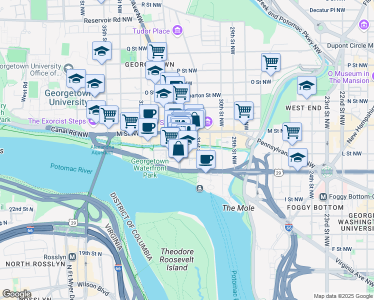 map of restaurants, bars, coffee shops, grocery stores, and more near 1045 Wisconsin Avenue Northwest in Washington