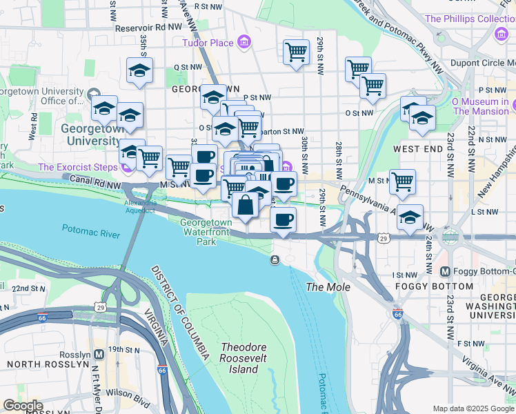 map of restaurants, bars, coffee shops, grocery stores, and more near 1045 Wisconsin Avenue Northwest in Washington