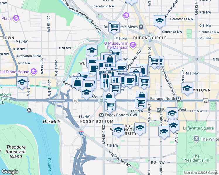map of restaurants, bars, coffee shops, grocery stores, and more near 2201 L Street Northwest in Washington
