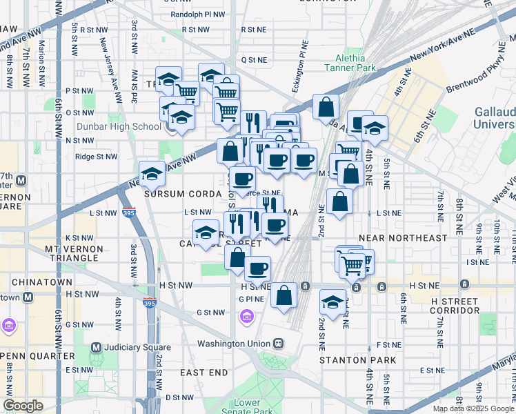 map of restaurants, bars, coffee shops, grocery stores, and more near 60 L Street Northeast in Washington